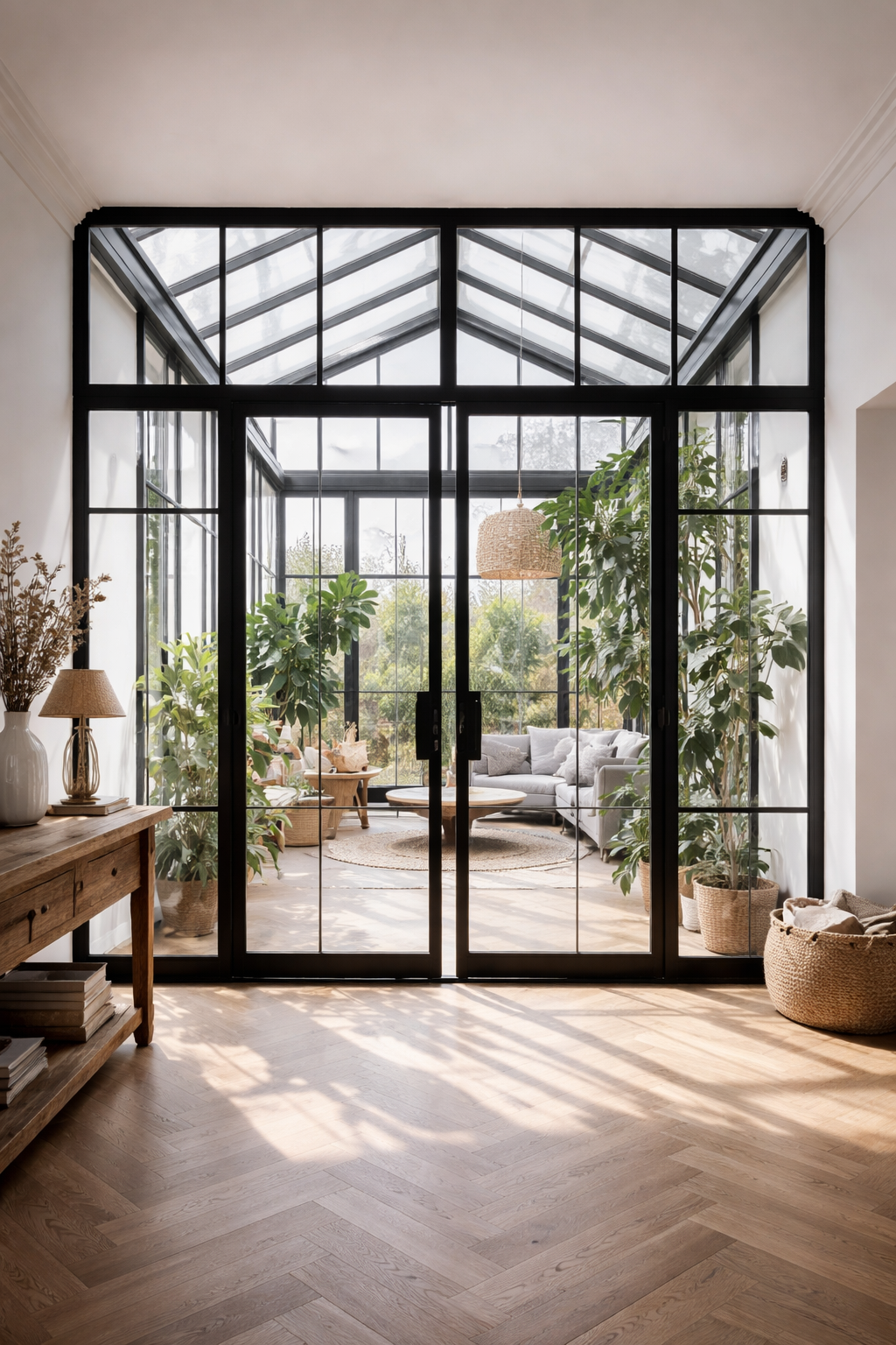 Photo d&rsquo;une verri&egrave;re en aluminium et verre transparent ouvrant sur un espace lumineux de type v&eacute;randa. Cette structure vitr&eacute;e au style atelier permet une entr&eacute;e g&eacute;n&eacute;reuse de lumi&egrave;re naturelle tout en cr&eacute;ant une transition harmonieuse entre l&rsquo;int&eacute;rieur et l&rsquo;ext&eacute;rieur.