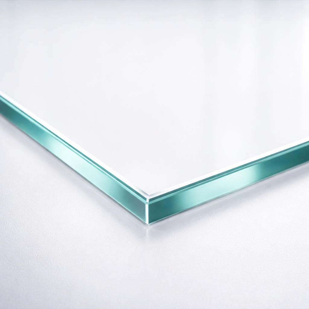 Photo d&eacute;taill&eacute;e d&rsquo;une plaque de verre avec bord poli, offrant une tranche parfaitement lisse, transparente et brillante. Cette finition haut de gamme garantit &agrave; la fois une esth&eacute;tique soign&eacute;e, une manipulation s&eacute;curis&eacute;e et une int&eacute;gration id&eacute;ale dans les projets d&rsquo;am&eacute;nagement int&eacute;rieur.