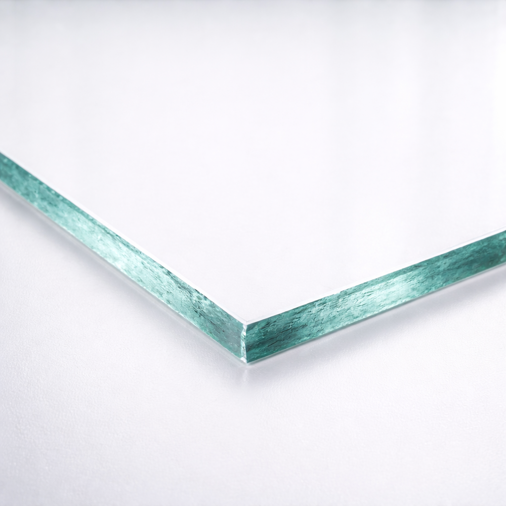 Photo montrant la tranche d&rsquo;une plaque de verre, mettant en &eacute;vidence la finition du bord : poli pour un rendu lisse et brillant, ou coupe brute pour un aspect plus naturel. Ce d&eacute;tail de finition est essentiel pour l&rsquo;esth&eacute;tique et la s&eacute;curit&eacute; des &eacute;l&eacute;ments en verre sur mesure.