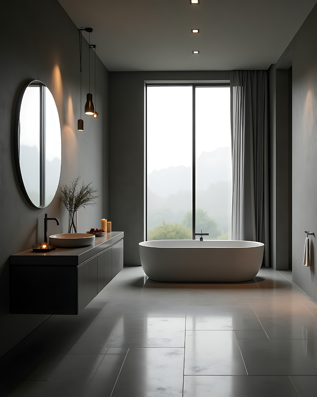 Photo d&rsquo;une fen&ecirc;tre en double vitrage int&eacute;gr&eacute;e dans une salle de bain moderne, apportant une lumi&egrave;re naturelle douce et une vue d&eacute;gag&eacute;e vers l&rsquo;ext&eacute;rieur. Le vitrage assure une isolation thermique et acoustique performante tout en contribuant &agrave; une ambiance apaisante et &eacute;l&eacute;gante.