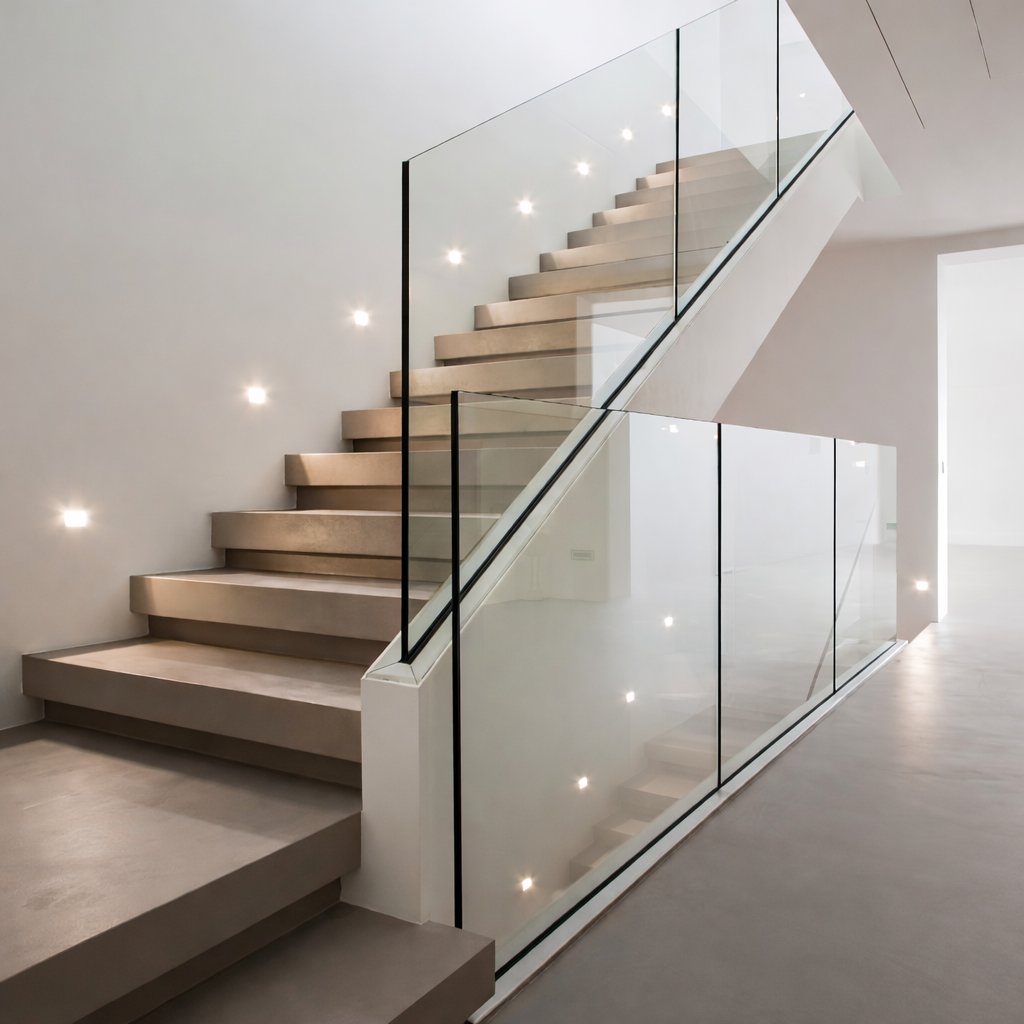 Photo d&rsquo;un garde-corps en verre transparent install&eacute; le long d&rsquo;un escalier int&eacute;rieur moderne. Le vitrage sans montant apparent assure une protection s&eacute;curis&eacute;e tout en conservant une esth&eacute;tique &eacute;pur&eacute;e et une diffusion optimale de la lumi&egrave;re dans l&rsquo;espace.