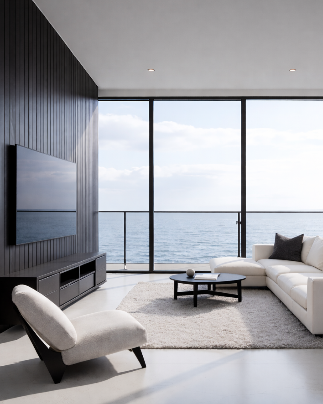 Photo d&rsquo;une baie vitr&eacute;e en verre feuillet&eacute; offrant une vue d&eacute;gag&eacute;e sur l&rsquo;ext&eacute;rieur. Ce type de vitrage garantit une s&eacute;curit&eacute; renforc&eacute;e, une excellente isolation et une transparence optimale, tout en apportant une lumi&egrave;re naturelle abondante &agrave; l&rsquo;espace int&eacute;rieur.