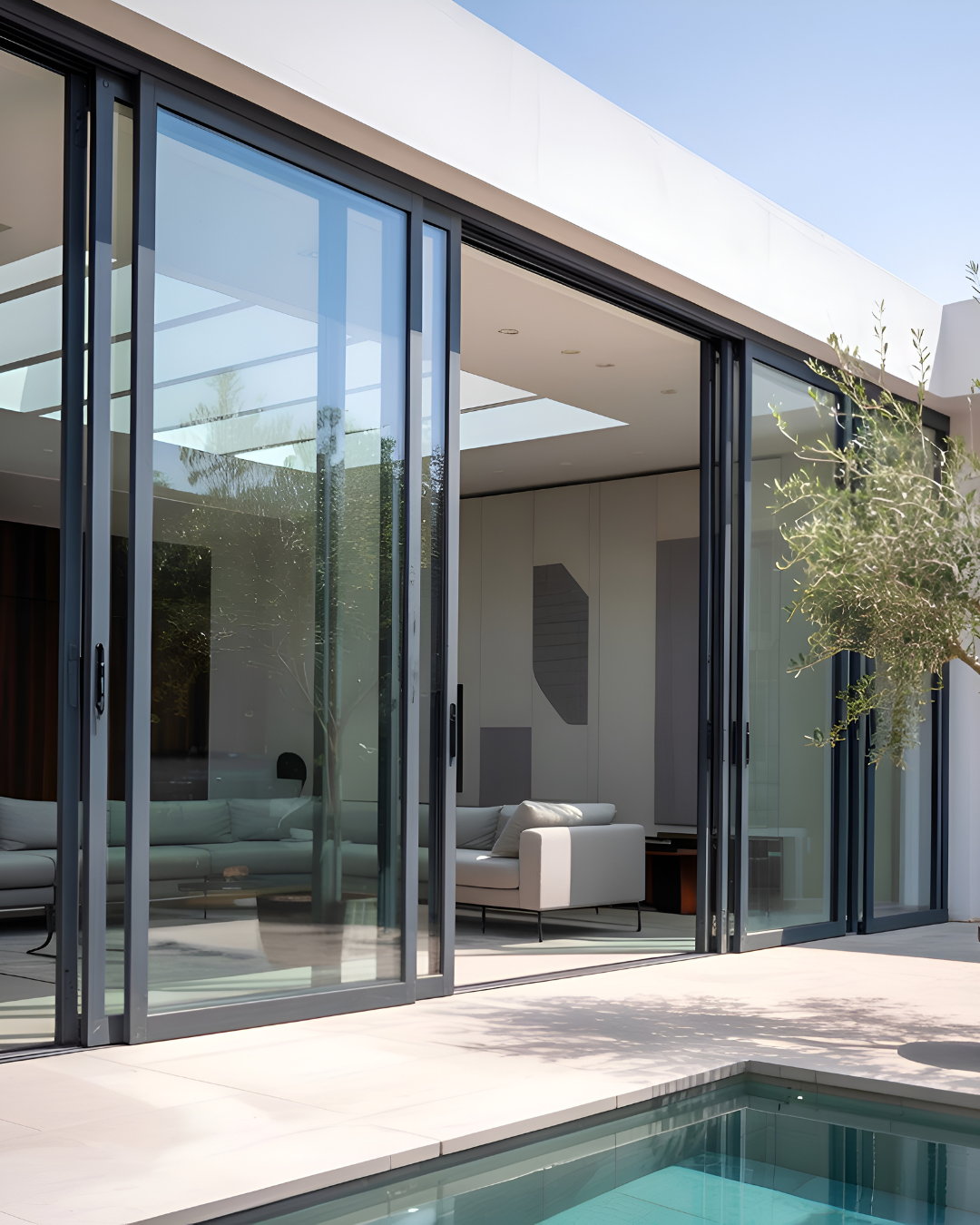 Photo d&rsquo;une baie vitr&eacute;e coulissante en aluminium avec vitrage transparent, ouvrant largement sur une terrasse ext&eacute;rieure. Cette menuiserie moderne favorise l&rsquo;entr&eacute;e de lumi&egrave;re naturelle, facilite la circulation entre int&eacute;rieur et ext&eacute;rieur et assure une isolation performante.