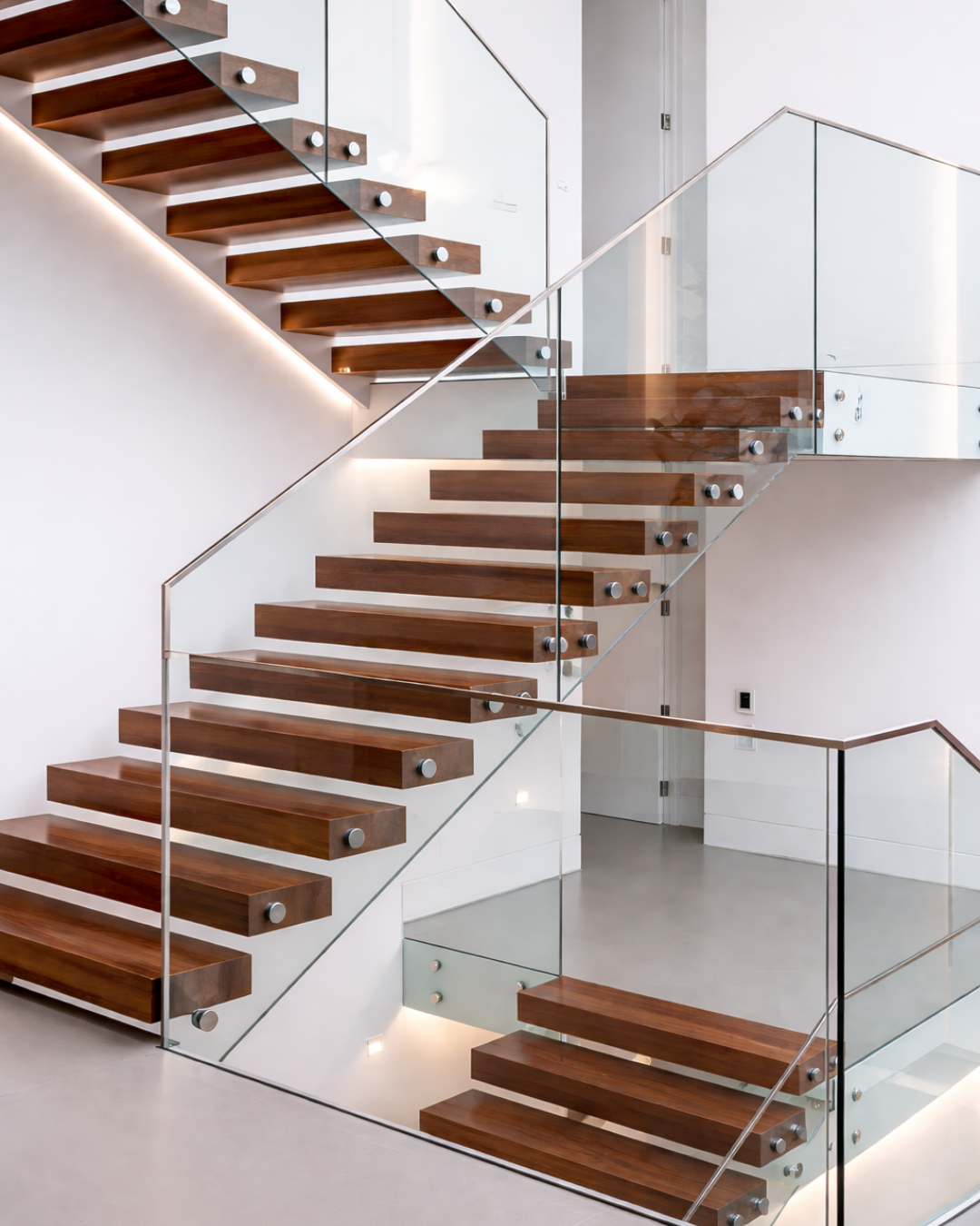 Photo d&rsquo;un garde-corps en verre transparent install&eacute; le long d&rsquo;un escalier &agrave; marches en bois, avec fixations m&eacute;talliques discr&egrave;tes. Cette conception moderne assure une protection s&eacute;curis&eacute;e tout en apportant l&eacute;g&egrave;ret&eacute; visuelle et luminosit&eacute; &agrave; l&rsquo;espace int&eacute;rieur.