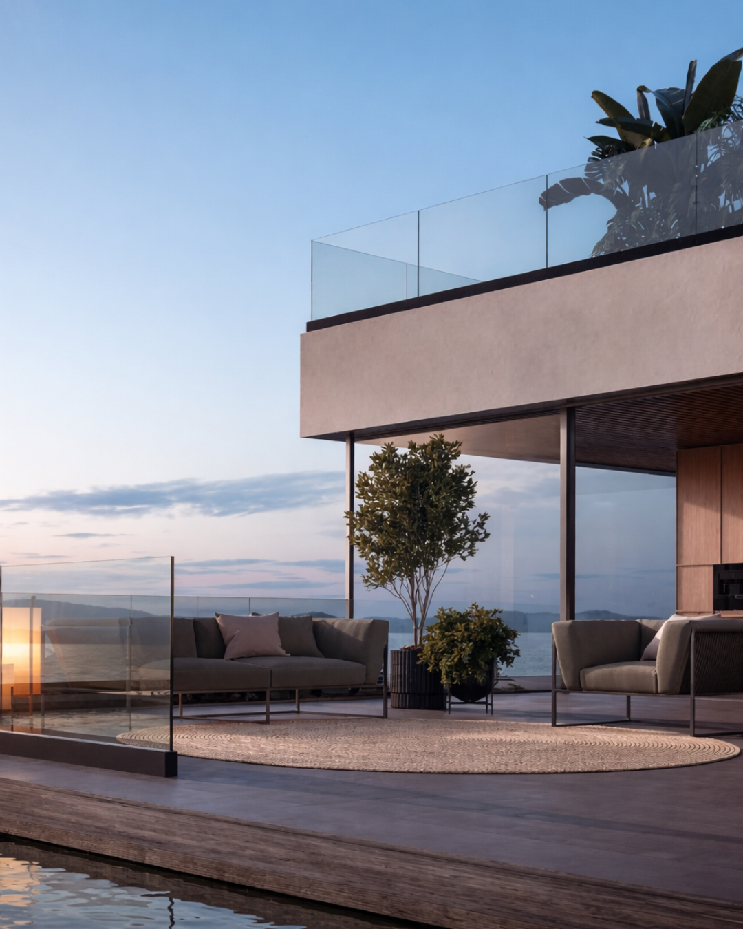 Photo d&rsquo;un garde-corps en verre transparent install&eacute; sur une terrasse contemporaine, assurant une protection discr&egrave;te sans alt&eacute;rer la vue. Son design moderne et &eacute;pur&eacute; apporte s&eacute;curit&eacute; et &eacute;l&eacute;gance tout en s&rsquo;int&eacute;grant parfaitement &agrave; l&rsquo;architecture ext&eacute;rieure.