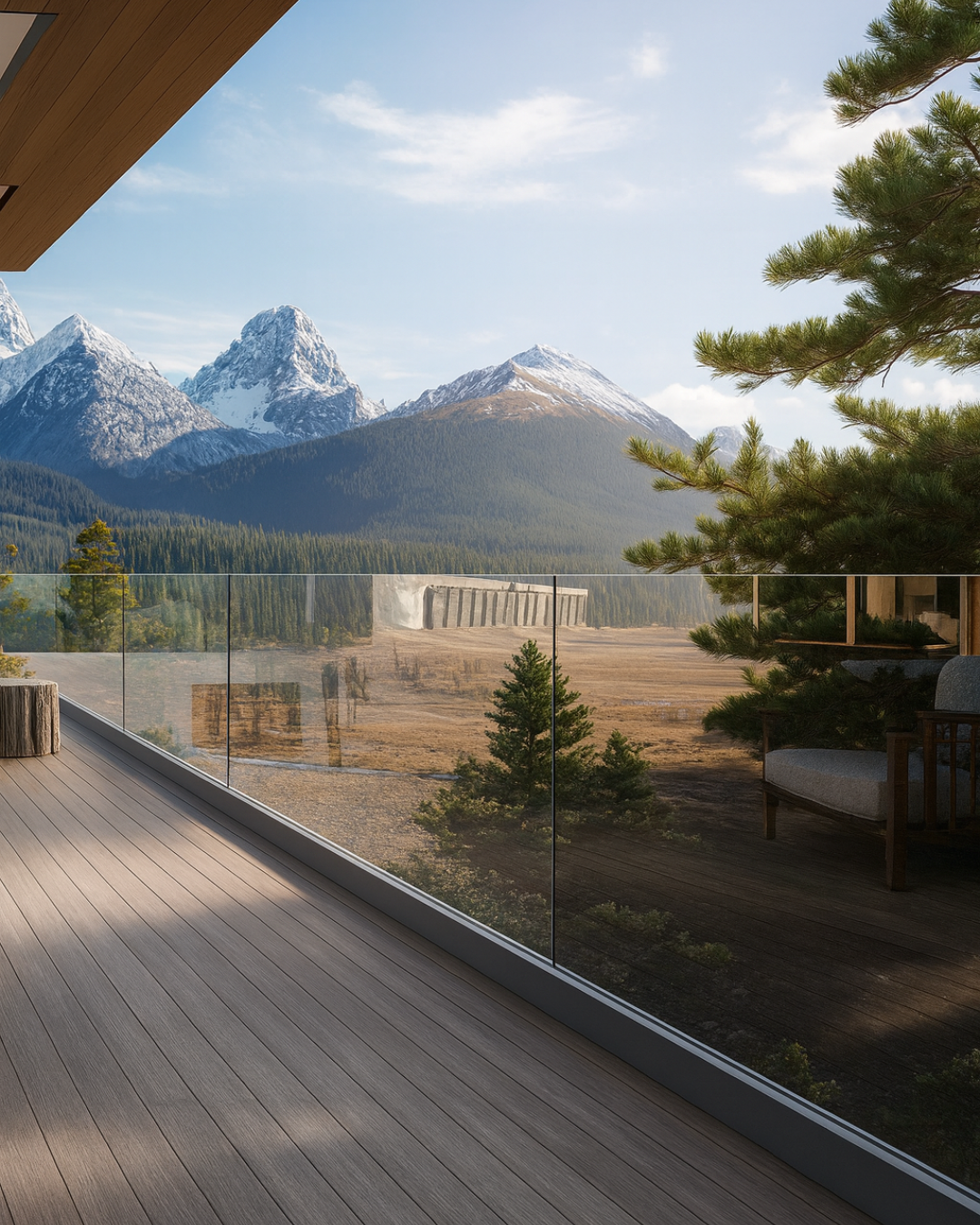 Photo d&rsquo;un garde-corps en verre transparent install&eacute; sur une terrasse ext&eacute;rieure, offrant une protection s&eacute;curis&eacute;e tout en pr&eacute;servant une vue d&eacute;gag&eacute;e sur le paysage. Son design &eacute;pur&eacute; s&rsquo;int&egrave;gre harmonieusement &agrave; l&rsquo;architecture et met en valeur l&rsquo;environnement sans obstacle visuel.