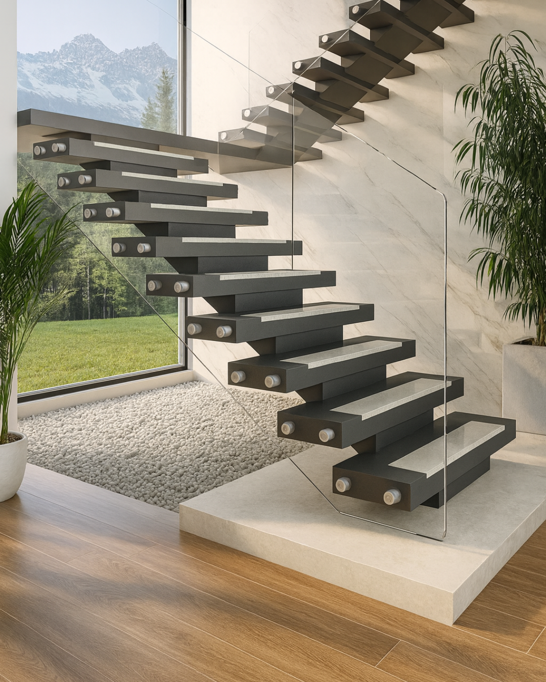 Photo d&rsquo;un garde-corps en verre transparent install&eacute; le long d&rsquo;un escalier design, avec fixations lat&eacute;rales discr&egrave;tes. Cette structure moderne assure une protection s&eacute;curis&eacute;e tout en conservant une visibilit&eacute; totale et une grande luminosit&eacute; dans l&rsquo;espace int&eacute;rieur.