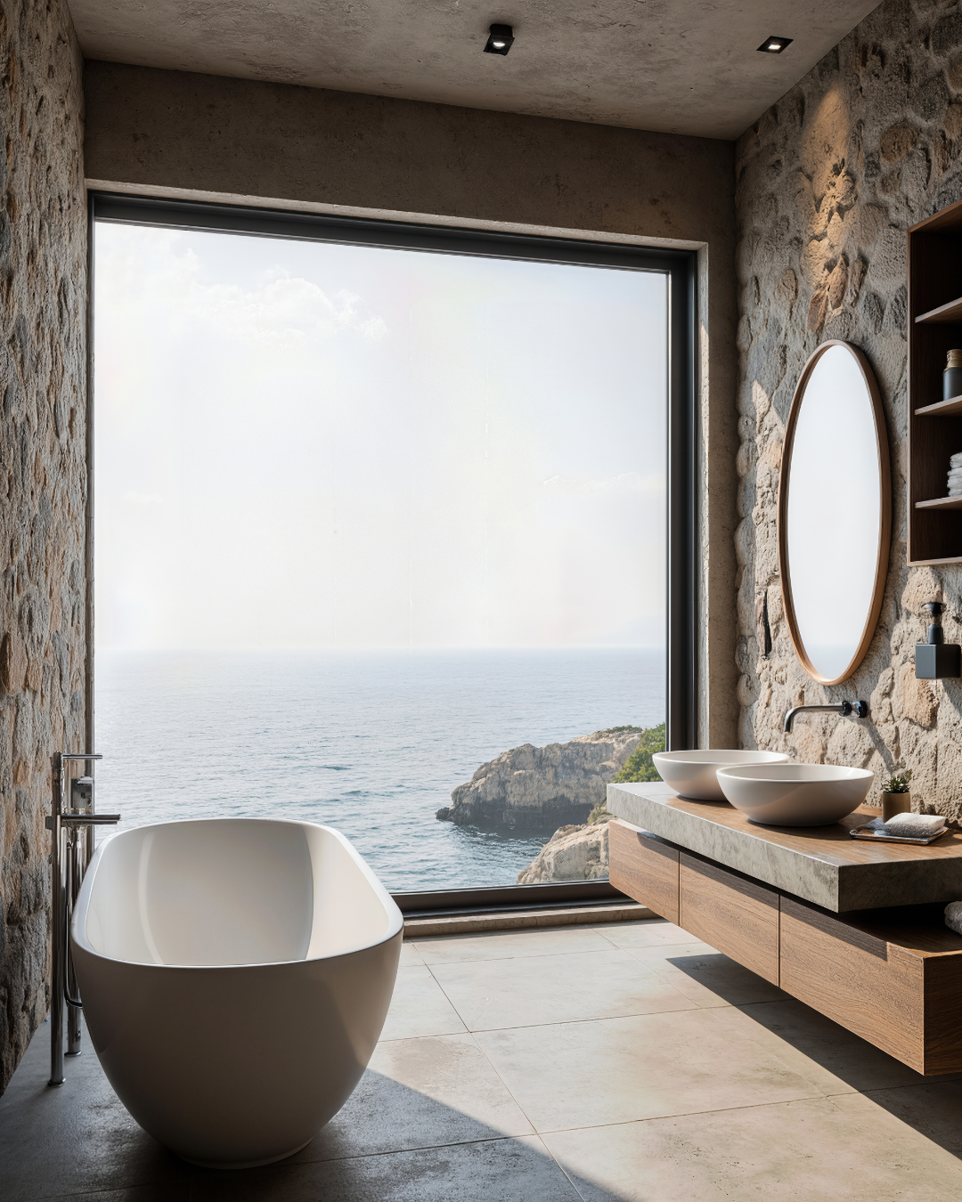Photo d&rsquo;une grande baie vitr&eacute;e offrant une vue d&eacute;gag&eacute;e sur la mer, int&eacute;gr&eacute;e dans une salle de bain au style naturel. Le vitrage transparent laisse entrer une lumi&egrave;re abondante et cr&eacute;e une continuit&eacute; visuelle entre l&rsquo;int&eacute;rieur et le paysage ext&eacute;rieur.