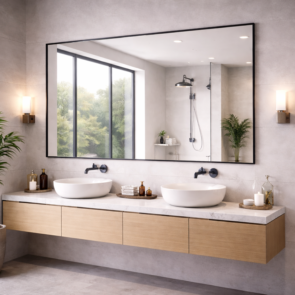Photo d&rsquo;un grand miroir mural install&eacute; au-dessus d&rsquo;un double meuble vasque. Le miroir agrandit visuellement l&rsquo;espace, renforce la luminosit&eacute; naturelle et apporte une touche moderne et &eacute;l&eacute;gante &agrave; la salle de bain.