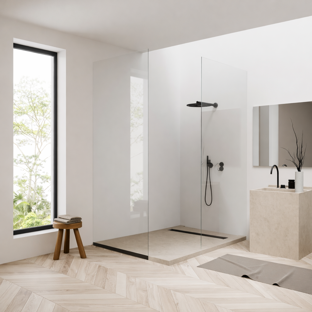 Photo d&rsquo;une paroi de douche en verre transparent au design &eacute;pur&eacute;, install&eacute;e dans une salle de bain moderne. Le vitrage minimaliste assure une protection efficace contre les projections d&rsquo;eau tout en pr&eacute;servant la luminosit&eacute; et l&rsquo;impression d&rsquo;espace.