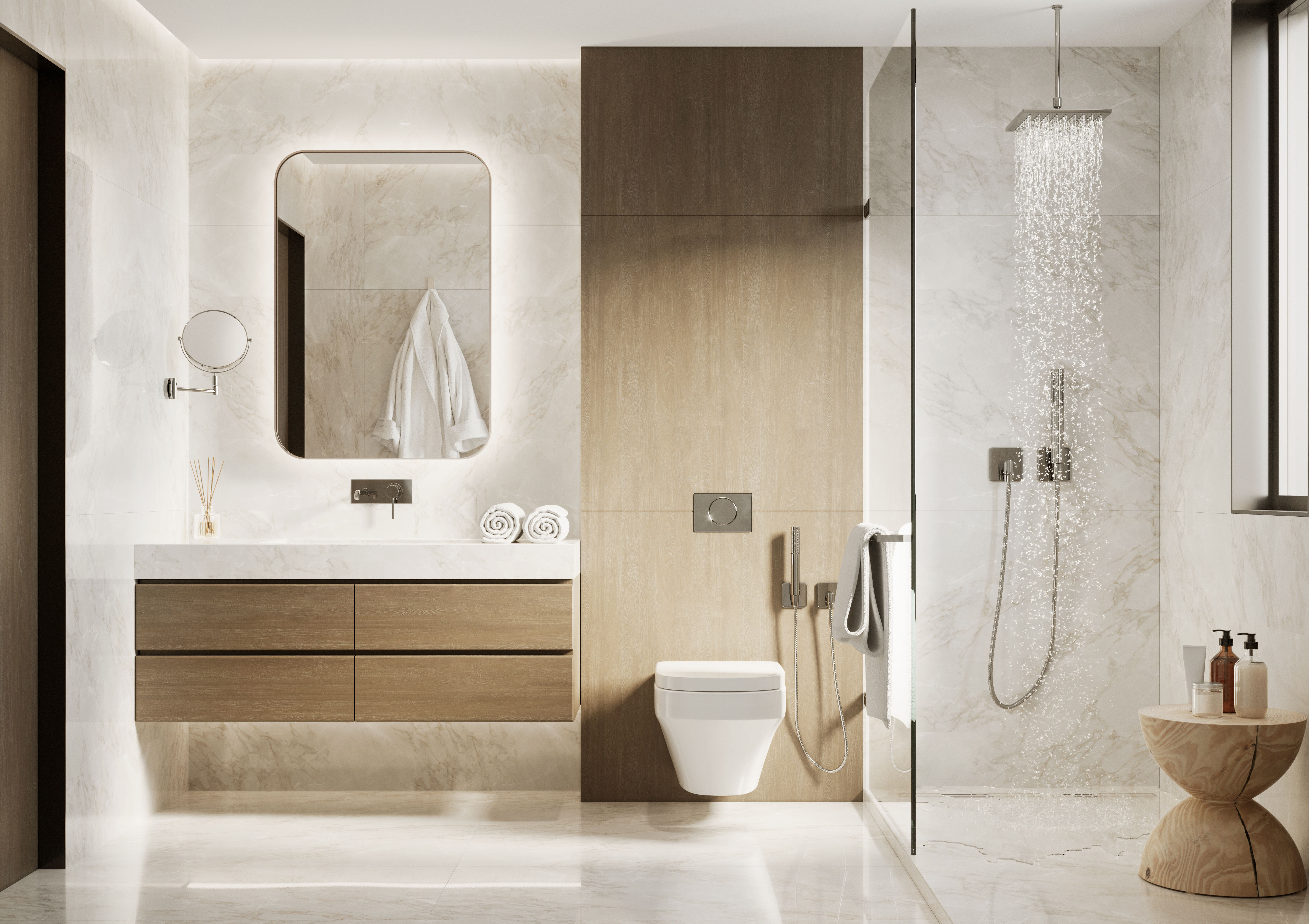 Photo d&rsquo;une paroi de douche en verre transparent au style minimaliste, int&eacute;gr&eacute;e dans une salle de bain moderne. Le vitrage clair et sans profil apparent assure une protection efficace contre les projections d&rsquo;eau tout en conservant une atmosph&egrave;re lumineuse et &eacute;l&eacute;gante.