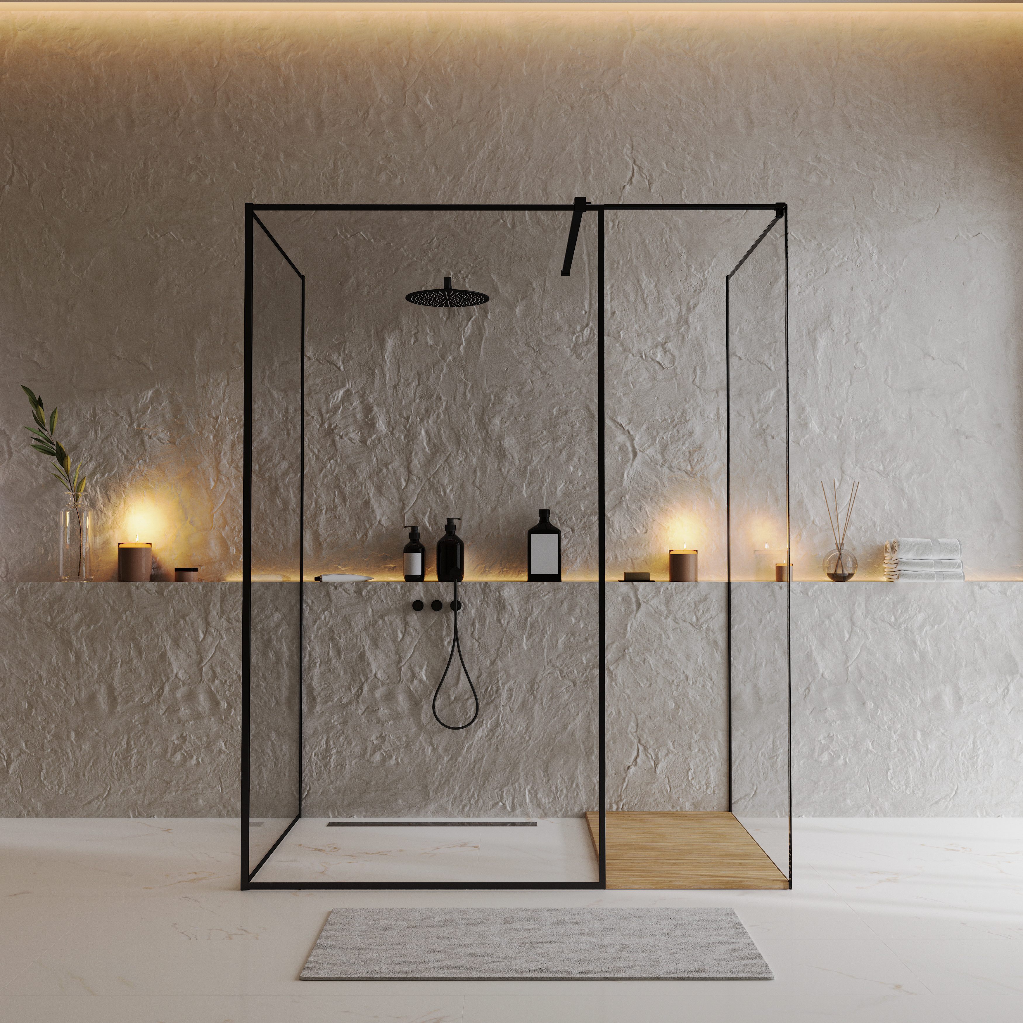 Photo d&rsquo;une paroi de douche en verre transparent avec structure noire au style industriel, offrant une s&eacute;paration &eacute;l&eacute;gante et contemporaine. Son design minimaliste associe esth&eacute;tique et fonctionnalit&eacute; tout en prot&eacute;geant efficacement des projections d&rsquo;eau.