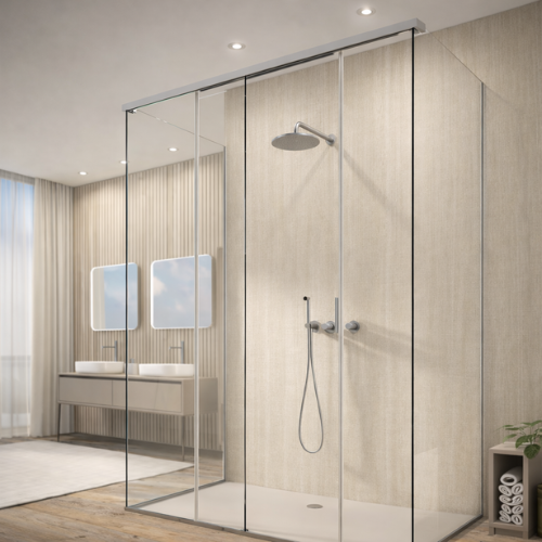 Photo d&rsquo;une paroi de douche en verre transparent avec porte coulissante, con&ccedil;ue pour une salle de bain moderne. Son vitrage &eacute;pur&eacute; et ses finitions discr&egrave;tes offrent une protection optimale tout en apportant une sensation d&rsquo;espace et de luminosit&eacute;.