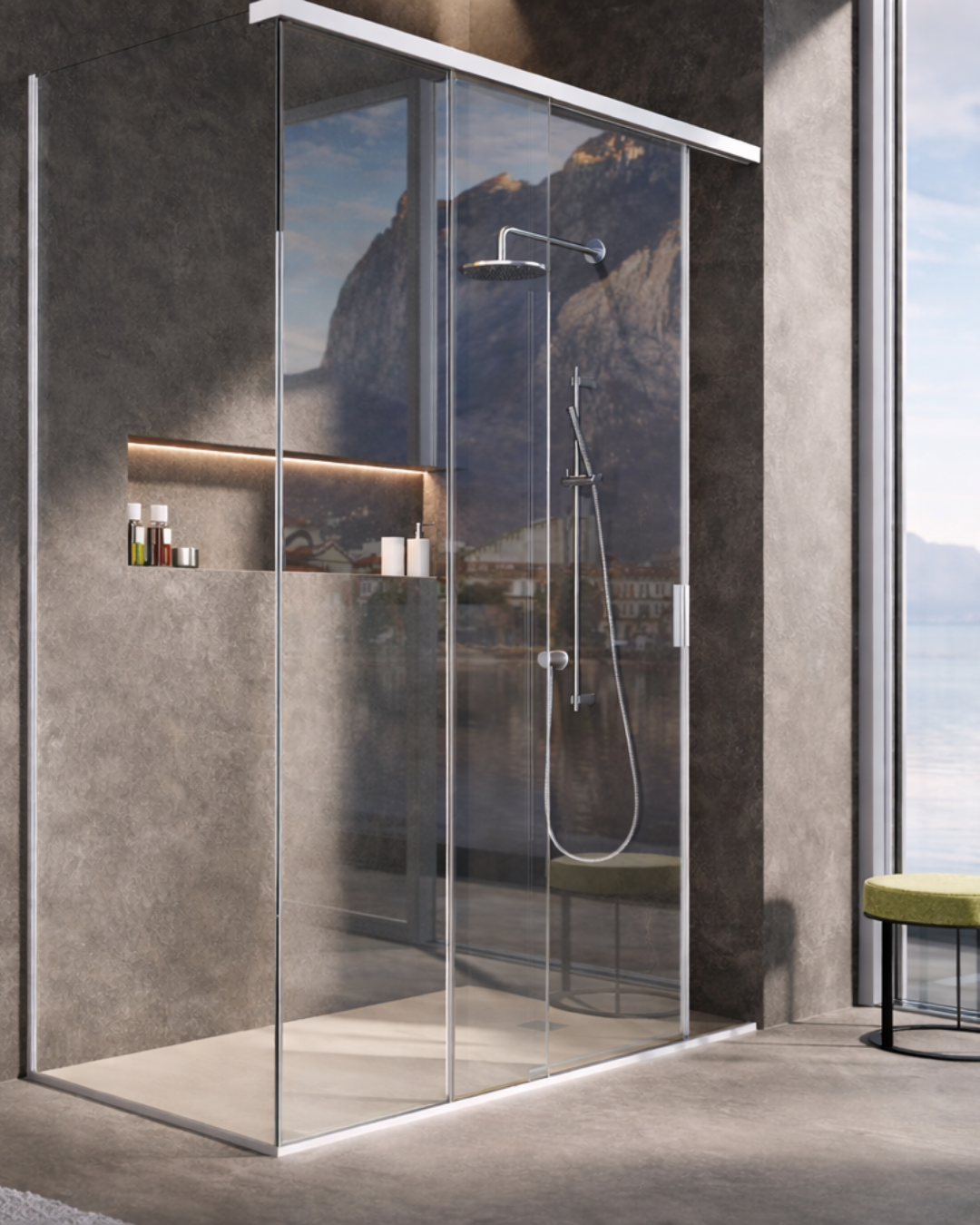 Photo d&rsquo;une paroi de douche en verre transparent &eacute;quip&eacute;e d&rsquo;une porte coulissante, offrant une solution &agrave; la fois esth&eacute;tique et fonctionnelle. Son vitrage &eacute;pur&eacute; et ses profil&eacute;s discrets assurent une protection optimale contre les projections d&rsquo;eau tout en apportant une touche moderne &agrave; la salle de bain.