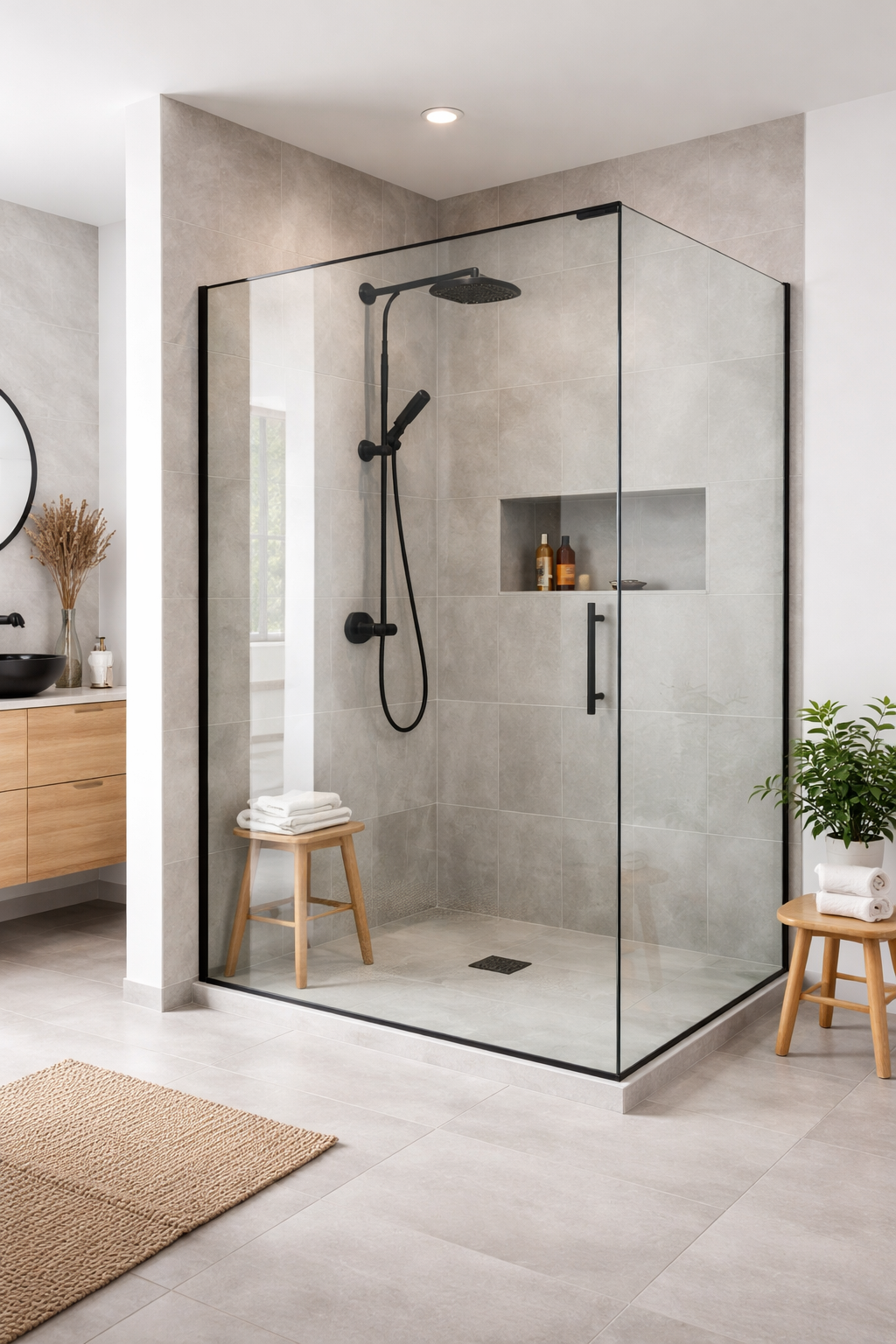 Photo d&rsquo;une paroi de douche fixe en verre transparent avec finitions noires, int&eacute;gr&eacute;e dans une salle de bain contemporaine. Son vitrage &eacute;pur&eacute; d&eacute;limite l&rsquo;espace douche avec &eacute;l&eacute;gance tout en garantissant une protection efficace contre les projections d&rsquo;eau.