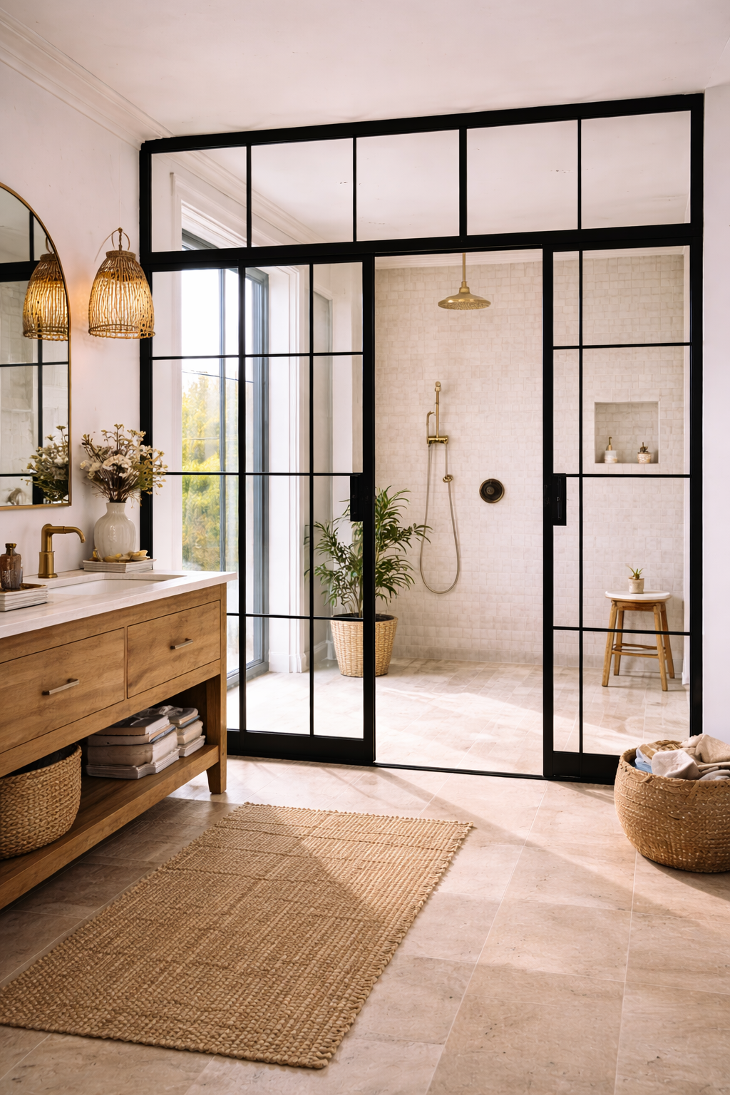 Photo d&rsquo;une verri&egrave;re int&eacute;rieure en verre avec structure noire de style atelier, s&eacute;parant &eacute;l&eacute;gamment la salle de bain du reste de l&rsquo;espace. Ce cloisonnement vitr&eacute; apporte luminosit&eacute;, charme industriel et sensation d&rsquo;ouverture tout en d&eacute;limitant les volumes.