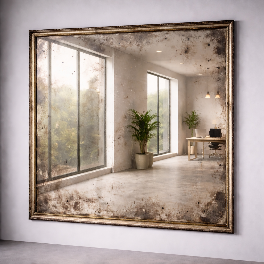 Photo d&rsquo;un miroir d&eacute;coratif au style ancien, dot&eacute; d&rsquo;un verre patin&eacute; et d&rsquo;un cadre &agrave; finition dor&eacute;e. Son aspect vieilli apporte du caract&egrave;re, une touche vintage et une ambiance chaleureuse &agrave; l&rsquo;espace int&eacute;rieur, tout en jouant avec les reflets et la lumi&egrave;re.